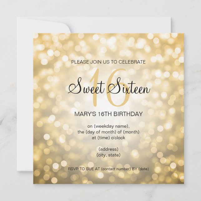 Sött 16 guld- glitterljus för födelsedagsfest inbjudningar (Framsida)