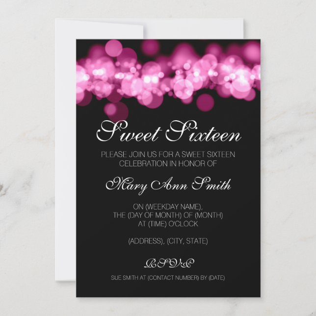 Sött 16 rosa Bokeh för födelsedagsfest ljus Inbjudningar (Framsida)