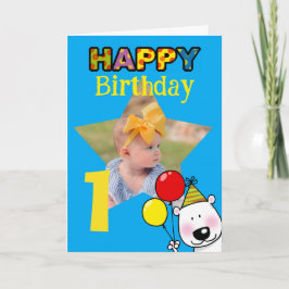 Sött 1-års födelsedagsfoto med björn och ballonger kort