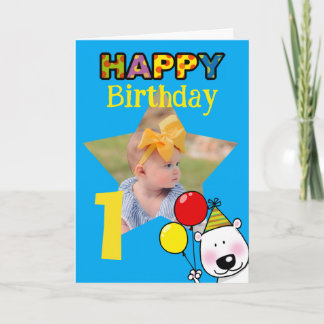 Sött 1-års födelsedagsfoto med björn och ballonger kort