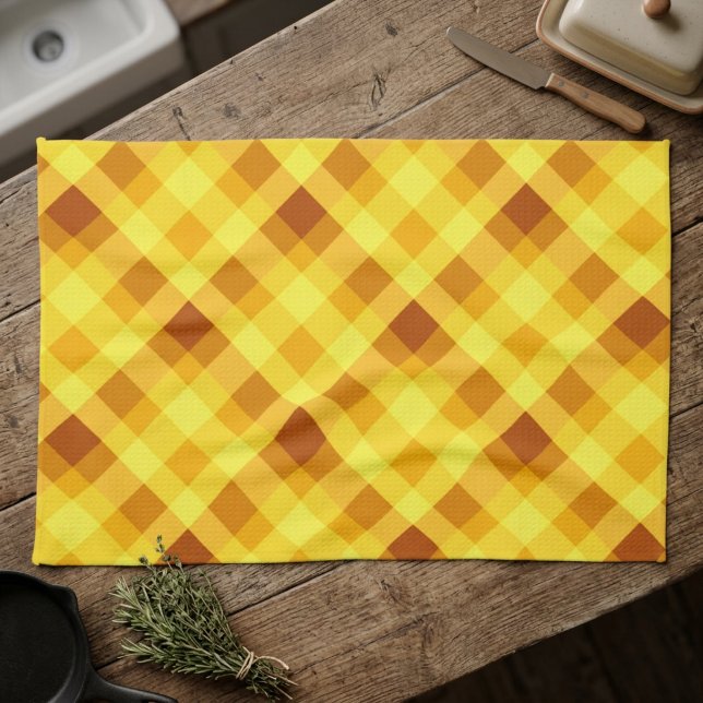 Sött äggula karotrökmottagningshandduk kökshandduk (Cute Egg Yolk Yellow Plaid Kitchen Towel on top of a wooden counter in a farmhouse style kitchen.)