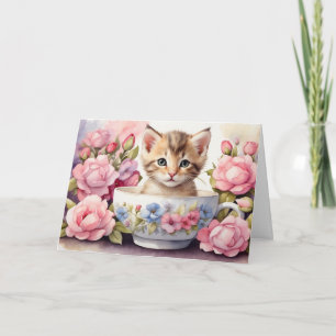 Sött akvarellkattunge i blomsterteacup kort
