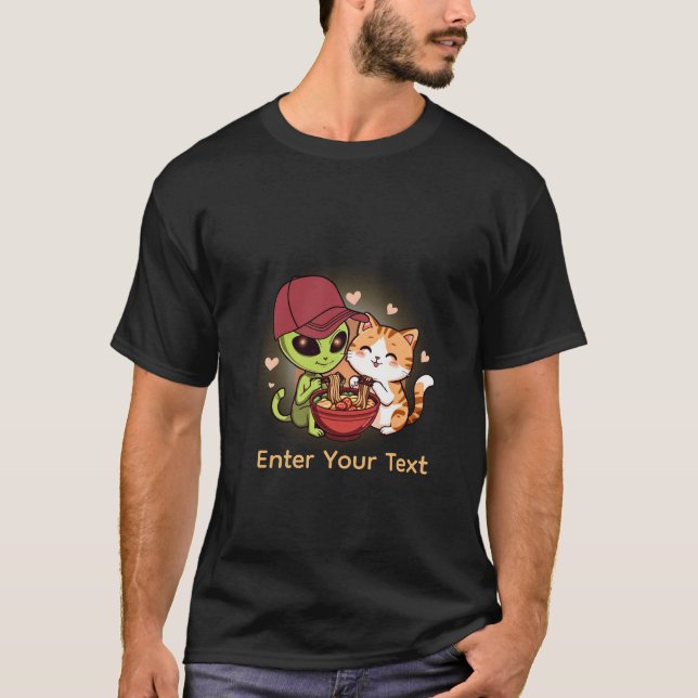 Sött Alien Katt Ramen Kawaii Konst T Shirt (Framsida)