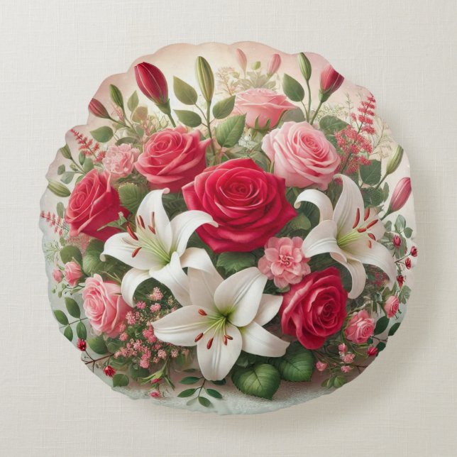 Sött Alla hjärtans dags blomsterbukett  Rund Kudde (Framsidan)