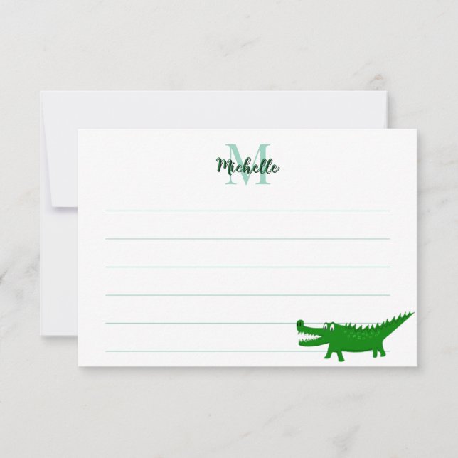Sött Alligator Ritning Linjerad Monogram Anpassad Anteckningskort (Framsida)