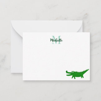 Sött Alligator Ritning Redigerbar Monogram Anteckningskort