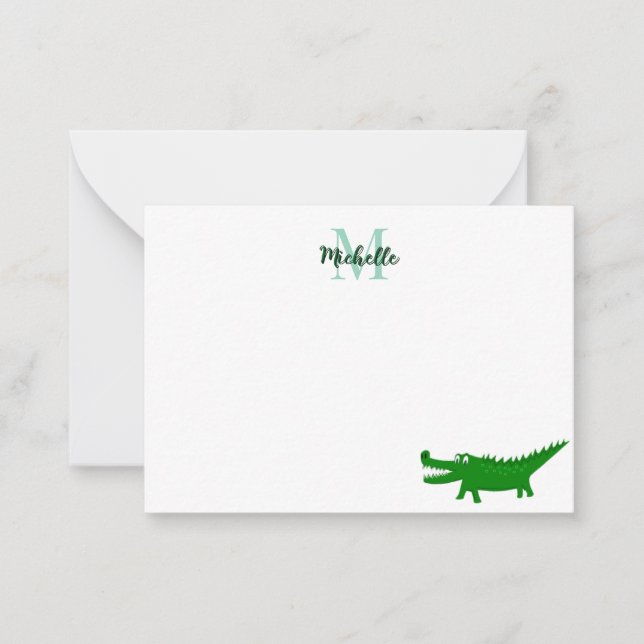 Sött Alligator Ritning Redigerbar Monogram Anteckningskort (Framsida)