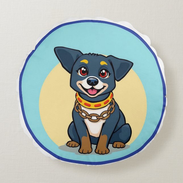Sött animerat hund med halsband rund kudde (Framsidan)