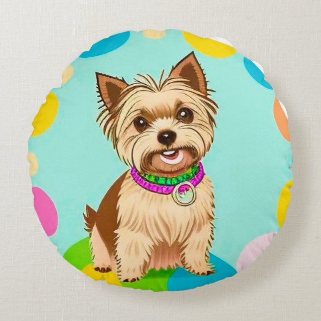 Sött animerat hund med halsband rund kudde (Framsidan)