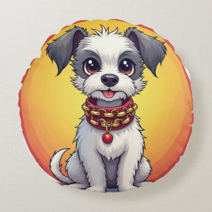 Sött animerat hund med halsband rund kudde