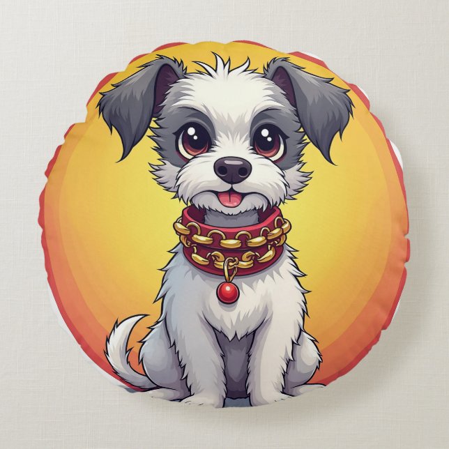 Sött animerat hund med halsband rund kudde (Framsidan)