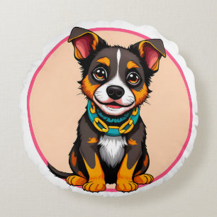 Sött animerat hund med halsband rund kudde