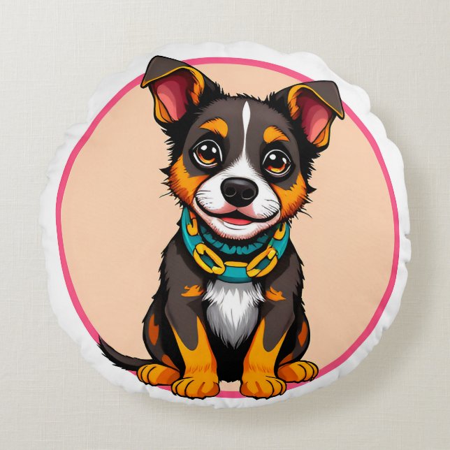 Sött animerat hund med halsband rund kudde (Framsidan)