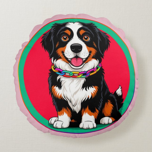 Sött Animerat Hund med Halsband Rund Kudde (Framsidan)