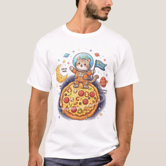 Sött astronautkatt som står på en pizza planet t shirt