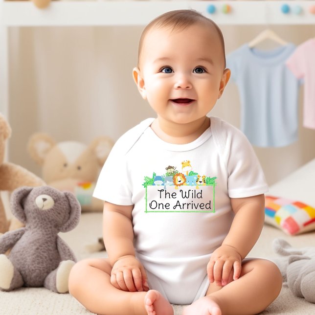 Sött baby djungeldjur Vildingen har anlänt T Shirt (Cute Baby Jungle Animals Wild One Arrived Baby Bodysuit)