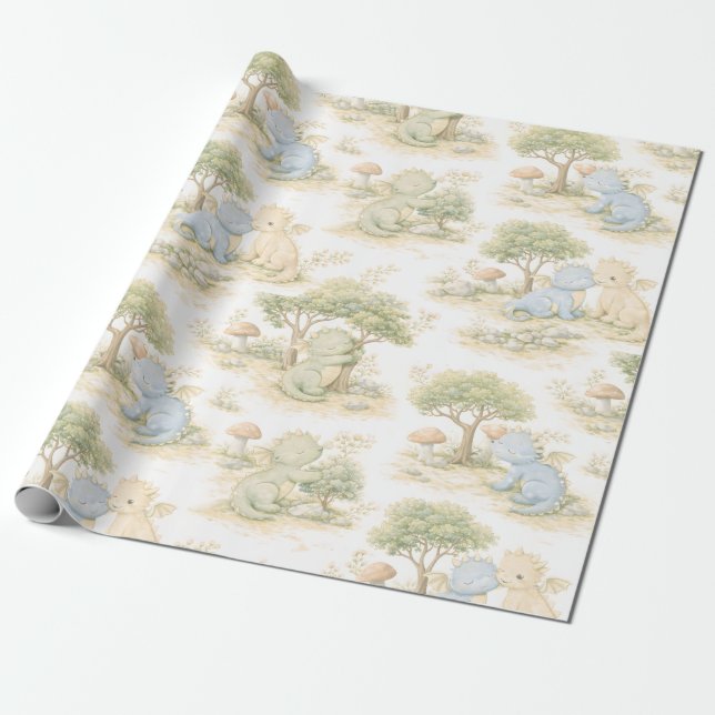Sött Baby Drak Pastell Skogs Mönster (2) Presentpapper (Utrullad)
