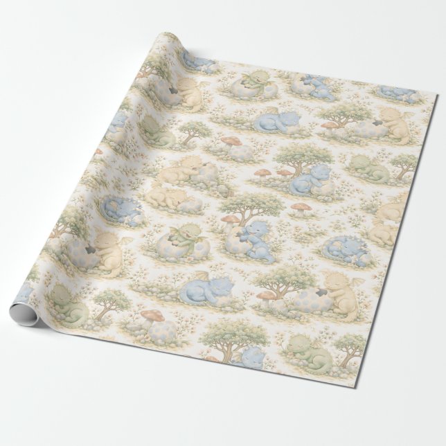 Sött Baby Drak Pastell Skogs Mönster (3) Presentpapper (Utrullad)