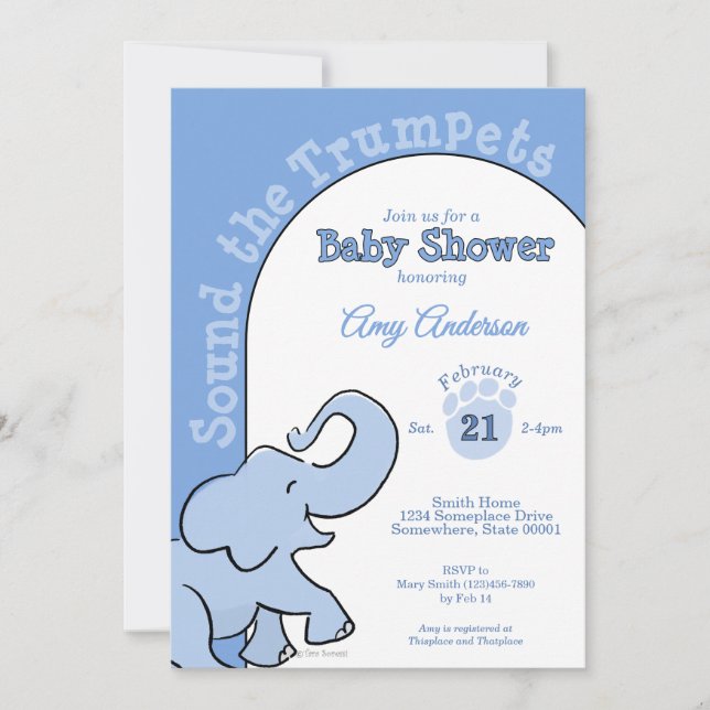 Sött baby elefant Blå babyfirande Inbjudningar (Framsida)