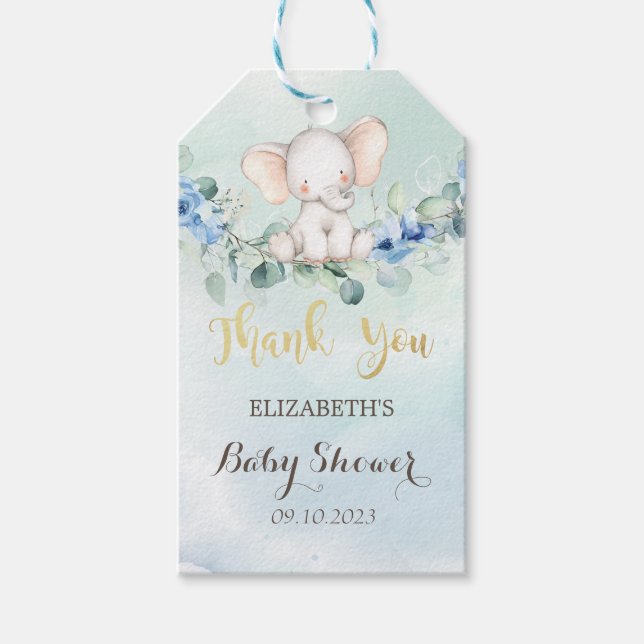 Sött baby elefant Blå rosor Baby Shower  Presentetikett (Framsidan)