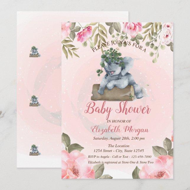 Sött baby elefant, Blommig baby shower Inbjudningar (Fram/baksida)
