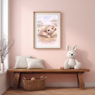 Sött baby elefant & fjäril barnkammare barn poster