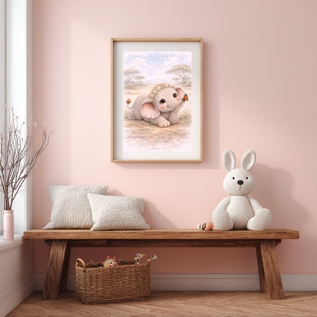 Sött baby elefant & fjäril barnkammare barn poster (Skapare uppladdad)