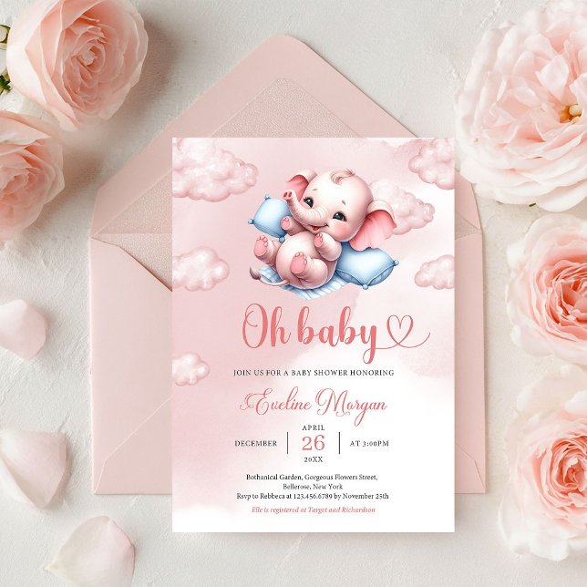 Sött baby elefant i babysäng rosa och blå  inbjudningar (Cute Elephant Girl Baby Shower Invitation Editable Printable Template Instant Download)