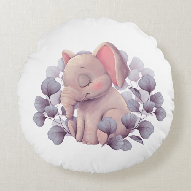 Sött baby elefant som sover med löv rund kudde (Framsidan)