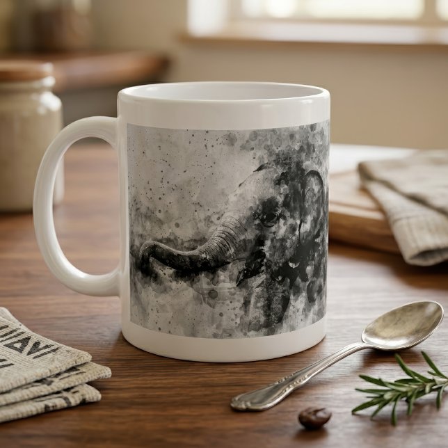 Sött baby elefant Svart och vit akvarell konst Kaffemugg (Cute Baby Elephant Black and White Watercolor Art. Coffee Mug)