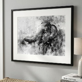 Sött baby elefant Svart och vitt akvarell konst Fototryck