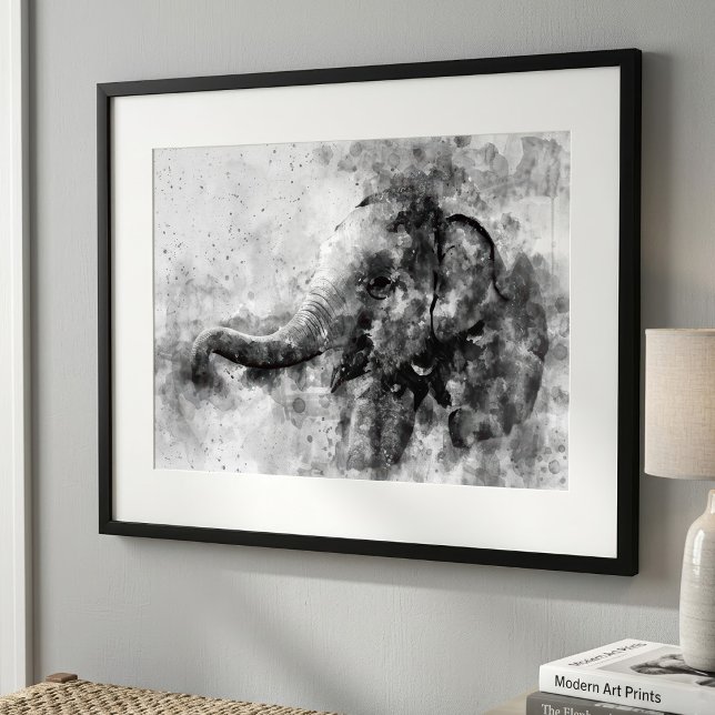Sött baby elefant Svart och vitt akvarell konst Fototryck (Cute Baby Elephant Black and White Watercolor Art. Photo Print)