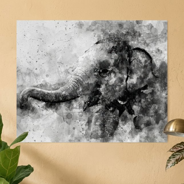 Sött baby elefant Svart och vitt akvarell konst Poster (Cute Baby Elephant Black and White Watercolor Art. Poster)