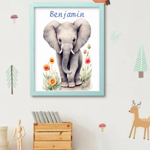 Sött baby elefantpastell akvarell vårblomma poster