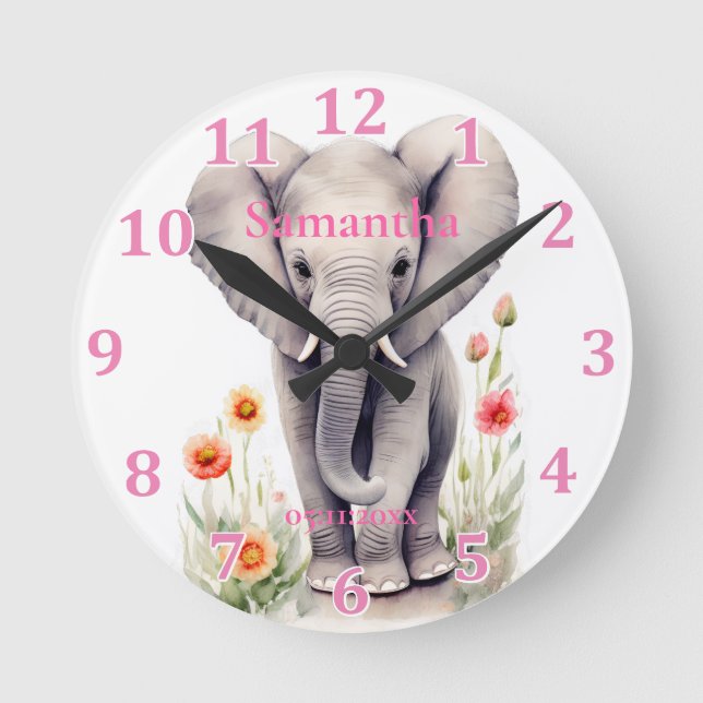 Sött baby elefantpastell akvarell vårblomma rund klocka (Framsida)