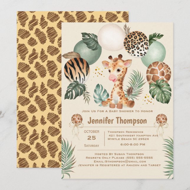 Sött Baby-Giraff Safari Djurtryck Beige Inbjudningar (Fram/baksida)