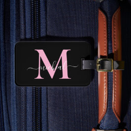Sött baby rosa & svart monogram skriptnamn bagagebricka