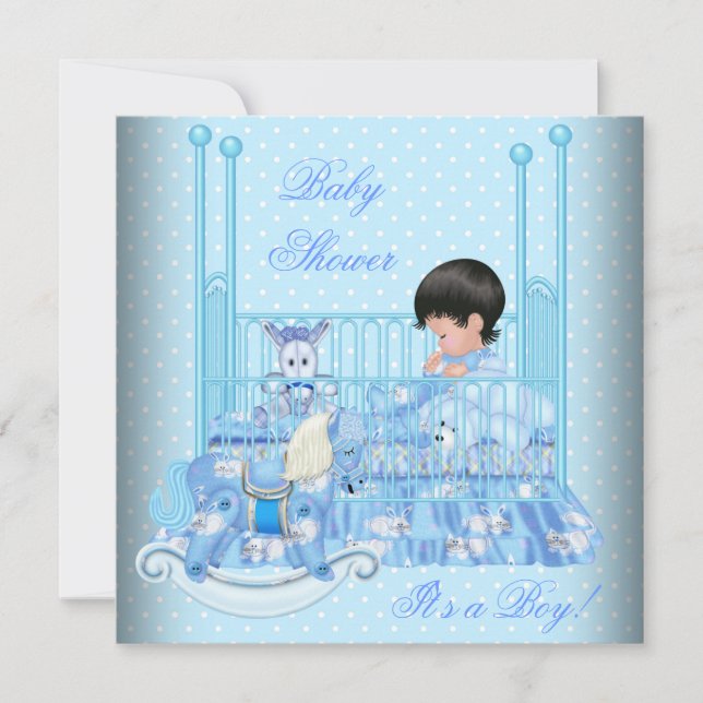 Sött baby shower pojke babyblå spjälsäng inbjudningar (Framsida)