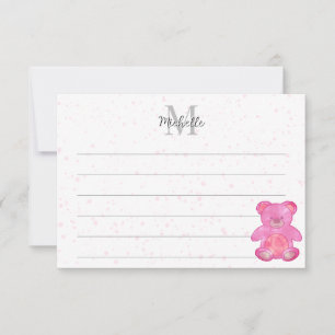 Sött babybjörn i rosa anpassad linjerad monogram  anteckningskort