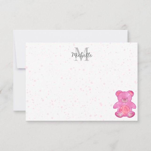 Sött babybjörn i rosa anpassad monogram  anteckningskort (Framsida)
