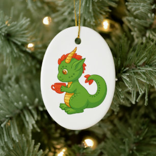 Sött Babydrake som håller kopp Julgransprydnad Keramik