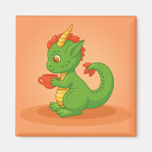 Sött Babydrake som håller kopp på orange Magnet