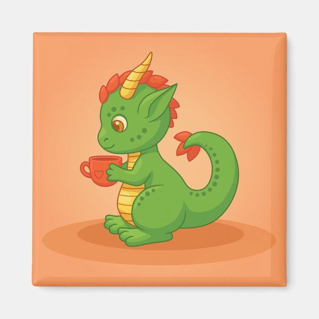 Sött Babydrake som håller kopp på orange Magnet (Framsidan)