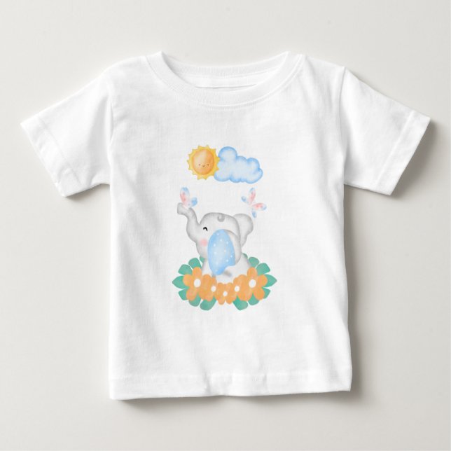 Sött babyelefant med orange blommor t shirt (Framsida)