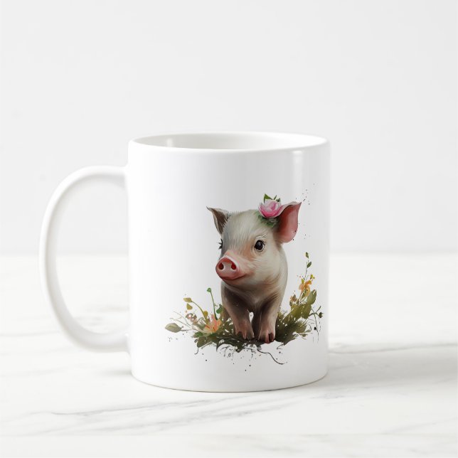 Sött babygris med blommor söt gårdsdjur kaffemugg (Vänster)
