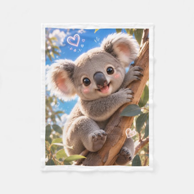 Sött babykoala på eukalyptusträd Flanellfilt Fleecefilt (Framsidan)