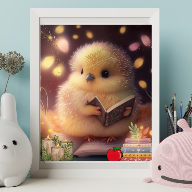 Sött babykyckling läser en bok Konst Barnkammare Poster (Skapare uppladdad)