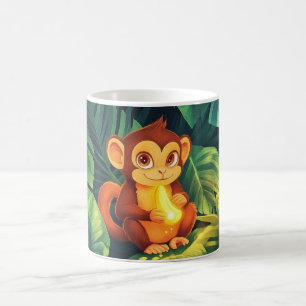 sött babymajna i djungeln som håller en blank bana kaffemugg