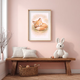 Sött babyräv som sover i neutralt barnkammarmotiv  poster