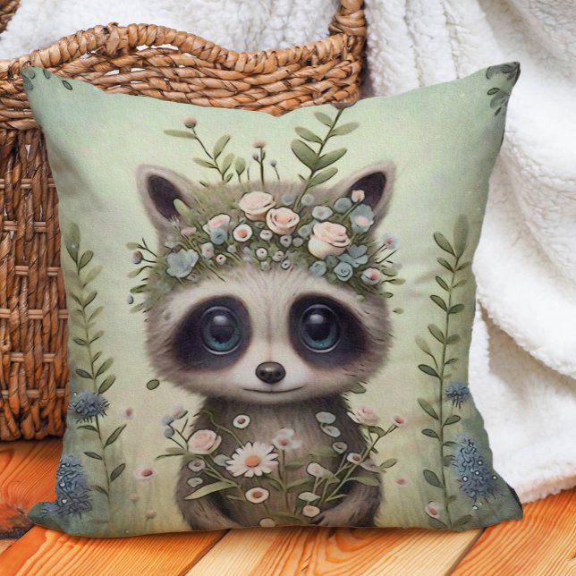 Sött Babyvaskebjörn Träsknurra Kudde (Cute baby raccoon woodland nursery pillow)